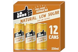Lo Bros Kombucha - Ginger & Lemon - Sparkling Refreshing Drink with Natural Ingredients and Live Cultures, Supports Gut Health, Low Sugar, Vegan, Gluten Free- 12 x 250ml