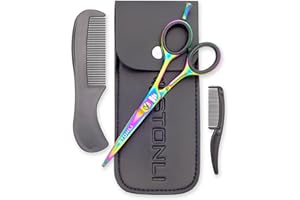 STONLI® 5" Beard and Moustache Scissors with Comb & Pouch - Small Hairdressing Scissors - Nose, Ear & Eyebrows Hair Scissors (Iridescent)