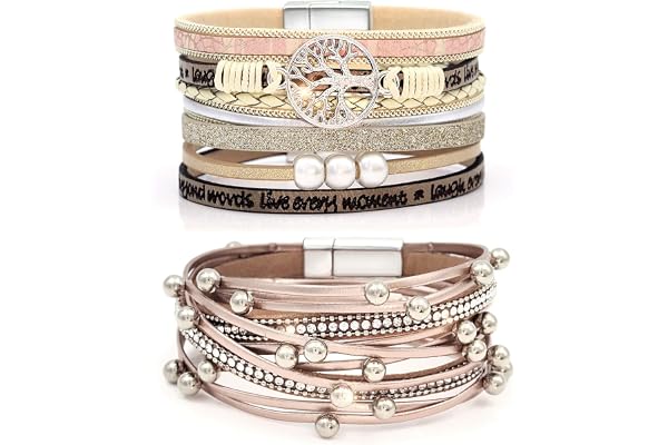 Suyi Ensemble De Bracelet en Cuir Multicouche 2 Pièces Bracelet De Perles Bracelet Manchette avec Boucle Magnétique pour Femme