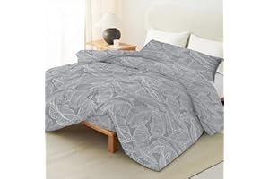 Artecreativa Funda Nórdica Cama 105, 3 Piezas - Funda Nórdica Estampado 180X220cm + Bajera Ajustable 105X200+25cm + Funda Almohada 1UNIDAD 45X105cm, Color Gris Estampado Hojas
