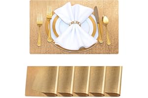 WARMHONE Set of 6 Gold Placemats and Coaster Sets Square PVC Non Slip Washable Placemats Sets for Restaurant Dinning Table (18x12 Inches)