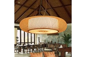 AUCF E27 Suspension Rétro Lampes Suspendues Bambou Lustre Naturel Pendentif Lumière Vintage Tressé Abat-Jour Rotin Hauteur Réglable Éclairage Salon Café Plafonnier,60cm