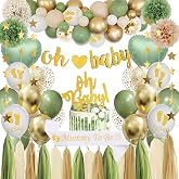 Baby Shower Boy Girl Decoration, Gold Green Baptism Decoration with Balloons Baby Shower, Oh Baby Flag and Future Mom Sash fo