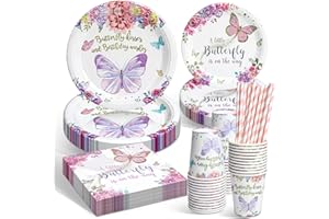 YIMAKJ Schmetterling Partygeschirr Set, 120 Stück Geburtstag Party Geschirr, Partygeschirr Kindergeburtstag Set mit Pappteller Tassen Strohhalme Servietten für Geburtstagsdeko Mädchen Partys 24 Gäste