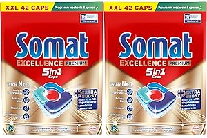 ‎SOMAT SOMAT Excellence Premium 5in1 Caps (2 x 42 AW), schnellauflösende Spülmaschinentabs mit Extra Boost auch im Niedrigtemperatur-, Kurz- & Eco-Programm, entfernen selbst 72 h eingetrocknete Essensreste
