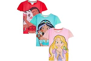Disney Girls 3 Pack Princess T-Shirts Kids Jasmine Moana Rapunzel Dress Up Top Short Sleeve Tees