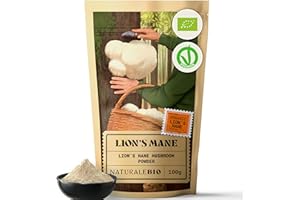 NaturaleBio Organic Lions Mane Powder 100g. Vegan, Gluten-Free, Non-GMO Mushroom. Rich in Bioactive Compounds. Helps Cognitive Function, Gut Health and Immune Support. Easy to Consume