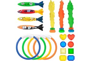 WISPLYE Juguetes de Buceo de Piscina, 19PCS Juguetes de Entrenamiento bajo el Agua Juego con Torpedos Bandidos Anillos de Buceo Algas Marinas y Gemas de Buceo para Niños Verano Regalo