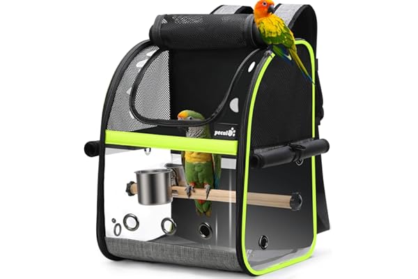 Pecute Sac à Dos de Transport Oiseau avec Rideaux Imperméable Anti-Soleil, Cage Transparente avec 4 Accessoires, pour Perroquet Carani Perruche
