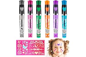 DSLSQD Temporary Tattoo Pen - 6 Colours Glitter Kit With Stencil Body Markers for Kids and Adults Party Dress Up
