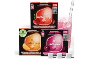 WATERDROP MICRODRINK waterdrop® Microdrink Energy Drink, 90mg Cafeína y Vitaminas, Mix Sabores de Frutas, 36 Pastillas Saborizantes Para Agua, Bebidas Sin Azúcar, Sabores Agua: Bayas, Mango, Cereza, Refresco Instantaneo