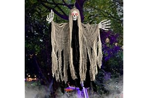 KEEPAA Halloween Decorazioni fantasmi di scheletro: Grim Mietitori da appendere con occhi luminosi di colore rosso - Puntelli fantasma spaventosi da appendere per interni ed esterni (Scheletro)