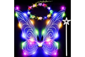 AONAT Feenflügel LED,Feenflügel mit Leuchteffekt für Erwachsene,Elfenflügel Schmetterlingsflügel mit Zauberstab & LED Blumenkranz,Feen Kostüm für Kinder Mädchen für Karneval,Fasching,Halloween,Cosplay,Blau
