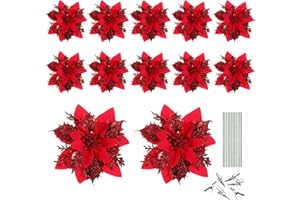 ‎TOYVIAN Toyvian Weihnachten Glitter Künstliche Blumen Muster, 12pcs Weihnachten Blumen Muster Ornamente Party Dekoration mit Vorbauten Und Clips FüR Hochzeiten Und TischmittelstüCke (Rot)
