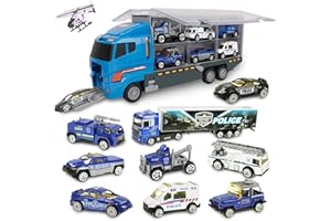 jenilily Police Car Toy Truck Mini Rescue Vehicles Playset in Carrier Truck for Kids 3 4 5 Years Old