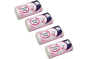 Handy Bag Rouleaux de 20 Sacs Poubelle 10 L, Pour Salle de Bains, Fermeture a Liens Hermetique, Resistant, Anti-Fuites, 34 x 40 cm, Blanc - Lot de 4