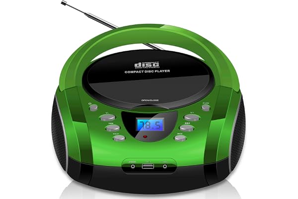 Boombox Portable CD/CD-R USB FM Radio Entrée AUX Casque Lecteur CD Enfant Chaîne Stéréo Système Compact (Golo Green)