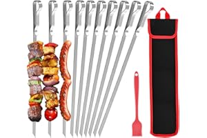 LESDOI Grillspieße 10 Stück mit Nylontasche, 43 cm flacher Edelstahl-Grillspieß Vermeiden Sie Rostbildung, Geschirrspüler erhältlich, Silikonölbürste mitgeliefert, für Grillpartys im Freien und im Garten.