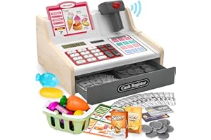 maysida Cash Register for Kids Age 3 4 5, Wooden Toy Till Cash Register with Scanner&Sounds,Pretend Play Till with Toy Money/Coins/Credit Card/Shopping Basket/Pretend Food,Brithday Gift for Girls&Boys