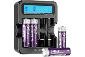 PALLUS Rechargeable AA Lithium Batteries, High Capacity 3500mWh, Double A Lithium Batteries Rechargeable, 2-Hour Fast Charge, with 4-Slot LCD Charger, for Toys, Radio, Smoke Alarms, Camera (4 Pack)