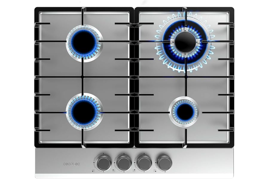 Cecotec Bolero Squad G 4200F Stainless Steel Gas Hob. 8000W, 4 Burners, Stainless Steel, Cast Iron Grills, Triple Crown WOK Burner, Electric Ignition, Valve Safety System