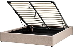 BELIANI Łóżko tapicerowane beżowe z pojemnikiem stelaż bez zagłówka 160 x 200 cm Dinan