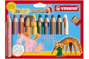STABILO woody 3-in-1 - Multi-Talented Pencil - Pack of 10 - Birthday Edition - Assorted Colours with Sharpener