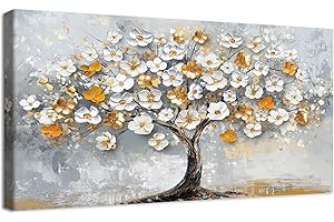 HALFLEMART Árbol Floral Blanco Marco de Madera Grande Cuadro Modernos Abstracto Árbol Floral Oro Gris Pintura Imagen Foto Cuadros Decorativos Cuadros Decoracion Salon Dormitorio Comedor 50x100cm