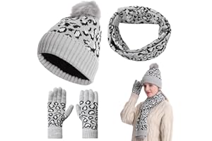 Exojoy 3Pcs Winter Scarf Hat Gloves Set for Women, Leopard Print Knit Beanie Cap Long Scarf and Touch Screen Thermal Gloves Kit for Ladies Adults Skiing Outdoor Sports