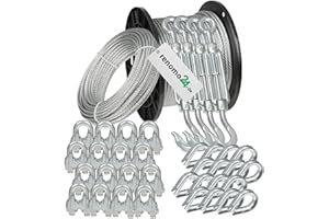Renomo24 Drahtseil Set 6 - Stahlseil 40m 4mm 6x7 verzinkt, 4x Spannschloss Haken/Öse, 16x Bügelklemmen, 16x Kauschen