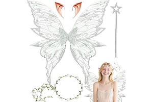 YEAHBOOM Feenflügel Kostüm,Schmetterlingsflügel mit Elfenöhren,Fee Stirnband und Sterne Feenstäbe,Feenflügel Erwachsene,Prinzessinnenflügel Damen,Geeignet Fasching Karneval Geburtstag Cosplay Party Halloween
