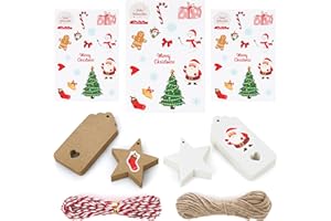 Nordstern Lot de 100 étiquettes cadeaux de Noël avec autocollants et ficelle – Étiquettes en papier kraft à étiqueter pour sacs de Noël et cadeaux
