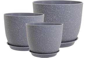 PROFIKLA 20cm, 18cm, 16cm Plastic Plant Pots, Plant Pots with Drainage Holes and Saucers, A Set of 3 Flower Pots, Modern Decorative Planters, Grey Speckles