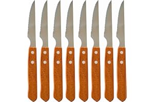 ESTHELAR SELECT Pack 8 Cuchillos Chuleteros con Mango de Madera | Especial para Carne, BBQ | Dientes de Sierra en Acero Inoxidable | Calidad Extra España | Juego de cuchillos de cocina de mesa, camping, trabajo