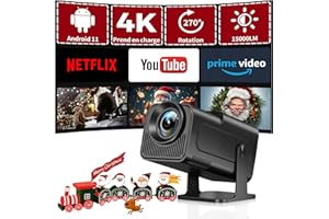 HIPPUS Mini vidéoprojecteur 4K Android TV WiFi Bluetooth Rotatif à 270°, Petit projecteur Portable à Courte Distance Home Cinéma Zoom pour téléphone Portable iOS/Ordinateur