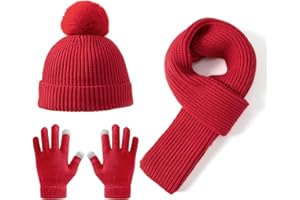 Lallier 3-teiliges Kinder-Set mit Mütze, Schal und Schneehandschuhen, Winter Strickmütze, warme, weiche Pom-Pom Mütze für Jungen, Mädchen und Kleinkinder