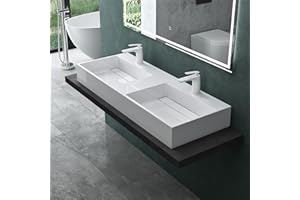 Mai & Mai Lavabo sobre Encimera Lavabo Doble Suspendido Baño | Rectangular | Blanco Brillante | Mármol Fundido | 120x48x13cm | 2 Orificios para Grifo sin Rebosadero | Colossum12