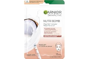 Garnier Maseczka chusteczkowa, maska na twarz dla suchej i zmęczonej skóry, intensywna pielęgnacja i rewitalizacja, wegańska formuła z mlekiem kokosowym i kwasem hialuronowym, Nutri Bomb, 28 g