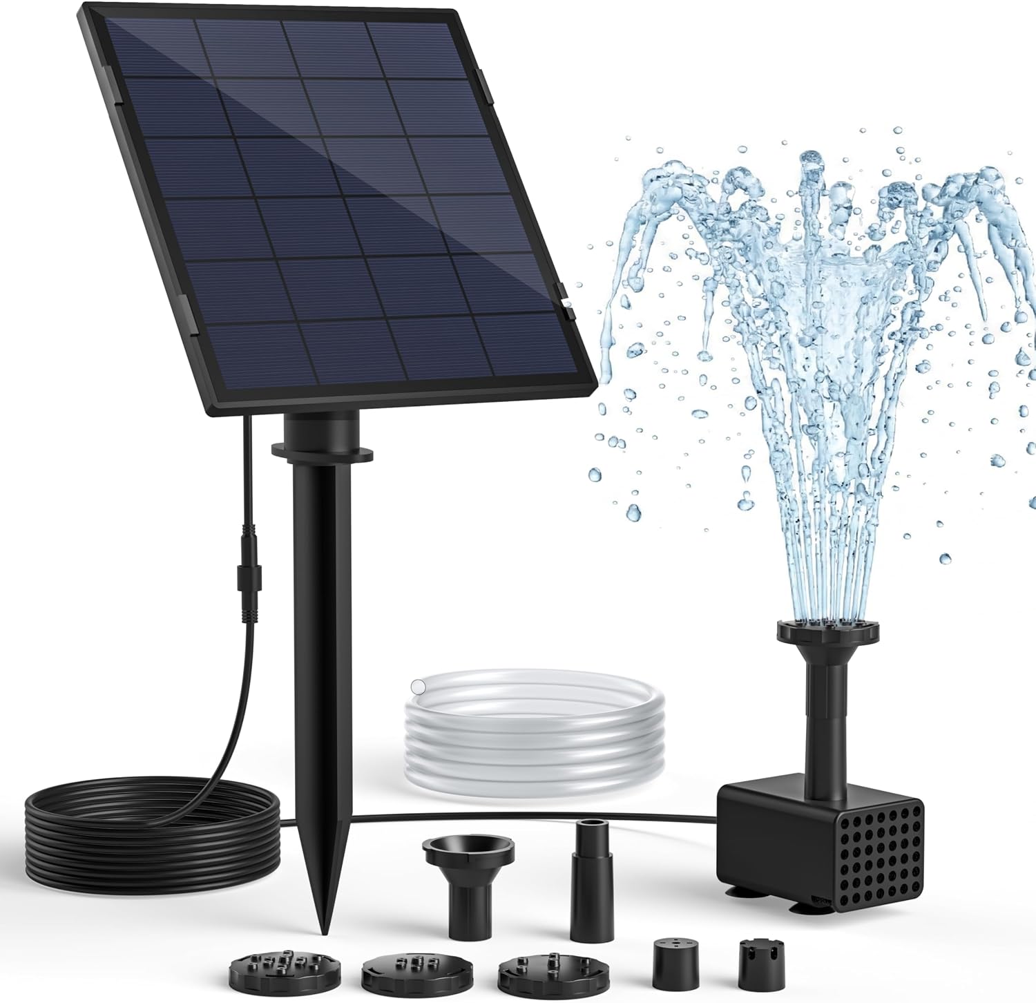 Solar Fountain Pump for Bird Bath, 2.5W Solar Water Pump with 3M Power Cord, Adjustable Ground Stake, 5 Spray Modes & 1.2M Hose, Dry-Run Protection Low Noise for Garden Small Pond Fish Tank