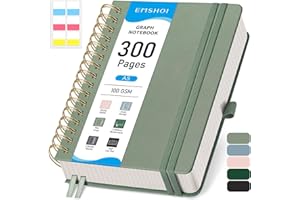 EMSHOI A5 Graph Paper Notebook, Spiral Notepad 150 Sheets/300 Pages, 100gsm, Hardback, Sticky Notes, Pocket, Pen Loop, Ruler, Bookmark, Squared Journal for Women Men Writing, 14.5 x 21cm, Sage Green