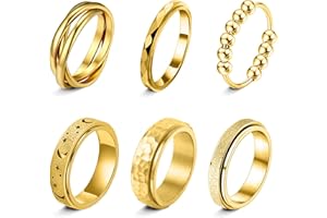 LOFITOR 6 Stück Anti-Angst Spinner Ringe Fidget Band Ring für Stress Angstlinderung für Damen Herren Edelstahl Roller Anti-Stress Ringe Set Coole Anxiety Band Ring CZ Mond&Stern Gold Silber