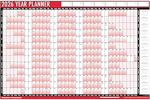 FUN STICKERS 2026 A2 Wall Planner – Bold Red & Black Design Large 59.4 x 42cm Laminated Year Calendar with 96 Stickers - Reusable Year-at-a-glance Planner for Home, Office, School & Business Organisation.