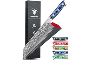 SANMUZUO Couteau Kiritsuke de 22cm - Couteau de Chef en Damas - Japonais en Acier de Damas 67 Couches Couteau de Cuisine - Manche en Résine (Bleu Saphir) - Xuan Série