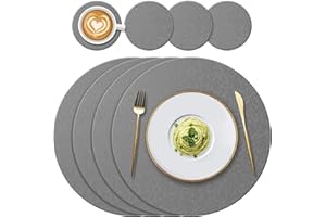 YUNJUER 4 Round Silicone Place mats + 4 Coasters Set, Heat-Resistant 450 °F Placemats, Non-Slip and Washable, Decoration Accessories for Home, Hotel, Dining Table, Indoor, Outdoor, (Dark Grey)