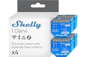 Shelly 1 Gen4 - Interruttore Relè Intelligente Wi-Fi, 1 Canale, 16A, Contatti Puliti, Domotica, Controllo Porta Garage, Nessun Hub Richiesto, Matter, Alexa, Google, HomeKit, Zigbee (4 Pezzi)