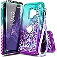 E-Began Case for Samsung Galaxy S9 with Screen Protector (Maximum Coverage, Flexible TPU Film), Ring Holder/Wrist Strap, Glitter Flowing Liquid Girls Women Kids Cute Case (Aqua/Purple)