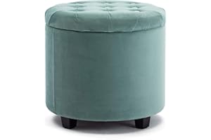 HNNHOME Sitzhocker mit Stauraum, Sitzwürfel mit Deckel, Sitztruhe, Fußbank Truhen Aufbewahrungsbox, Wolken Samt, 45 cm runder Massivholz, 45 L, 45 x 45 x 43 cm (Hellgrün, Samt)