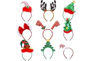 Aodaer 9 Pack Christmas Headbands Elf Hats Headwear Assorted Christmas Tree Reindeer Costume Hair Hoop for Christmas Party Supplies
