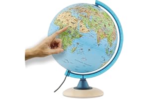 INTERKART Mappamondo per bambini, Globo luminoso per bambini, diametro 25 cm, con tante illustrazioni interessanti, base di legno chiaro, testo in italiano
