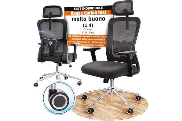CLOUVOU BrightSeat Ergonomic Office Chair [TOP OF THE RANGE] Smart Working Desk Chair | Office Chair for Study and Bedroom | Office Chair with Wheels Easy to Move | Max. 150 kg